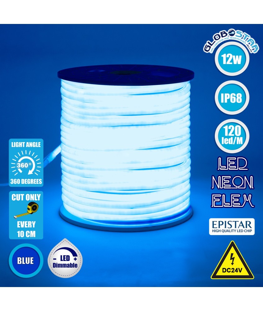 GLOBOSTAR® NEOTUBE 70585 Ταινία Neon Flex LED 12W-m 600lm-m 360° DC 24V Αδιάβροχο IP65 120 x SMD2835 Chip-m Μπλε Dimmable - Sanan SMD Chip - Μ100 x Π1.3 x Υ1.3cm - 3 Χρόνια Εγγύηση